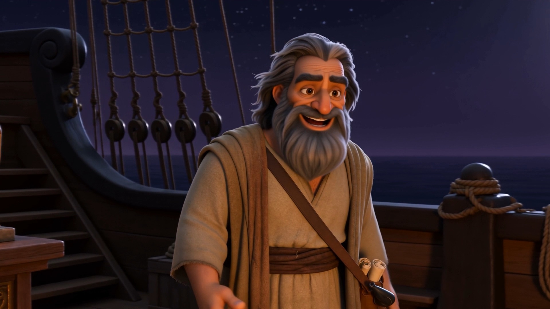 Jonah talks with the crew under the moon