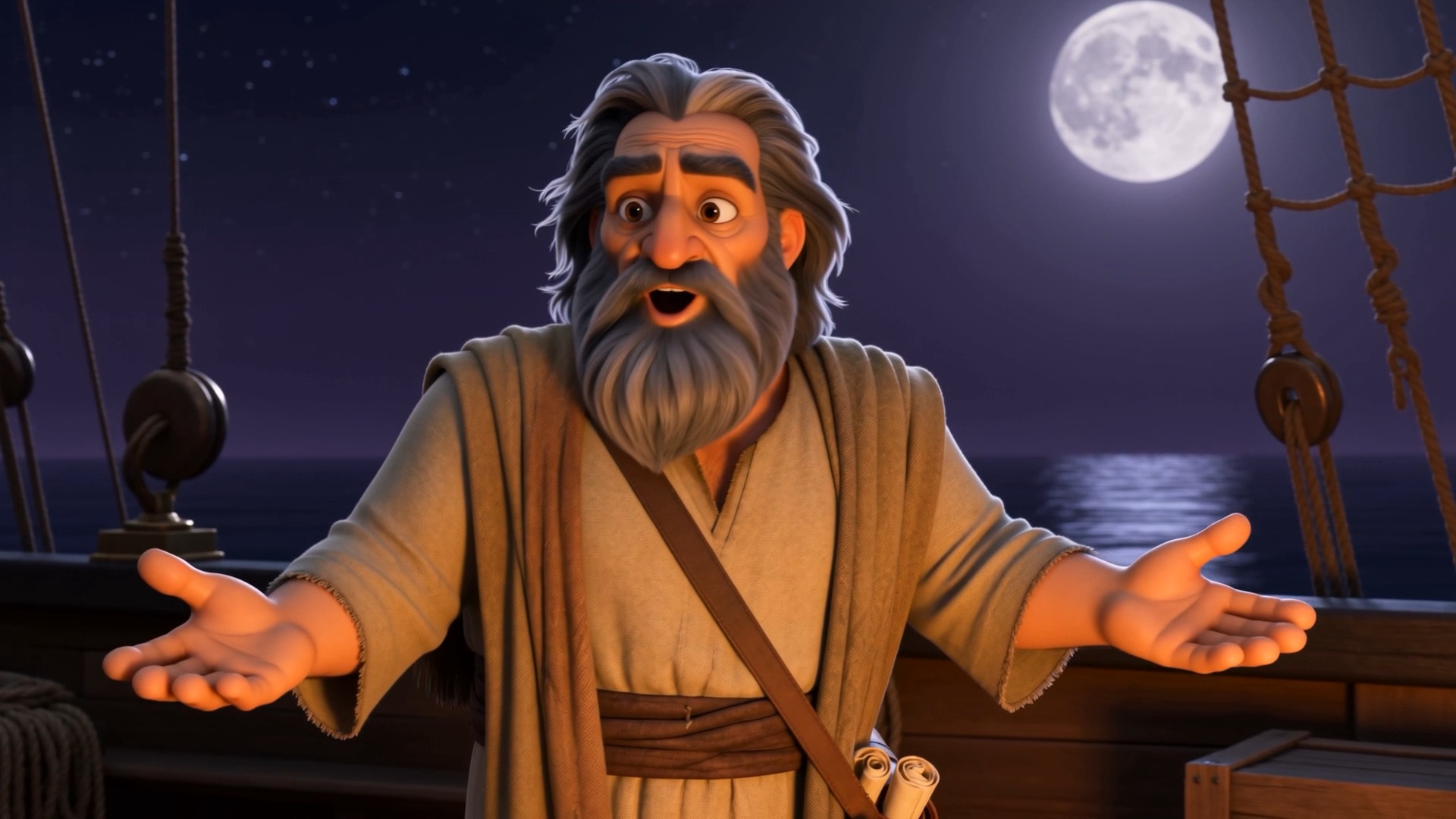 Jonah spreads his arms, telling of his God