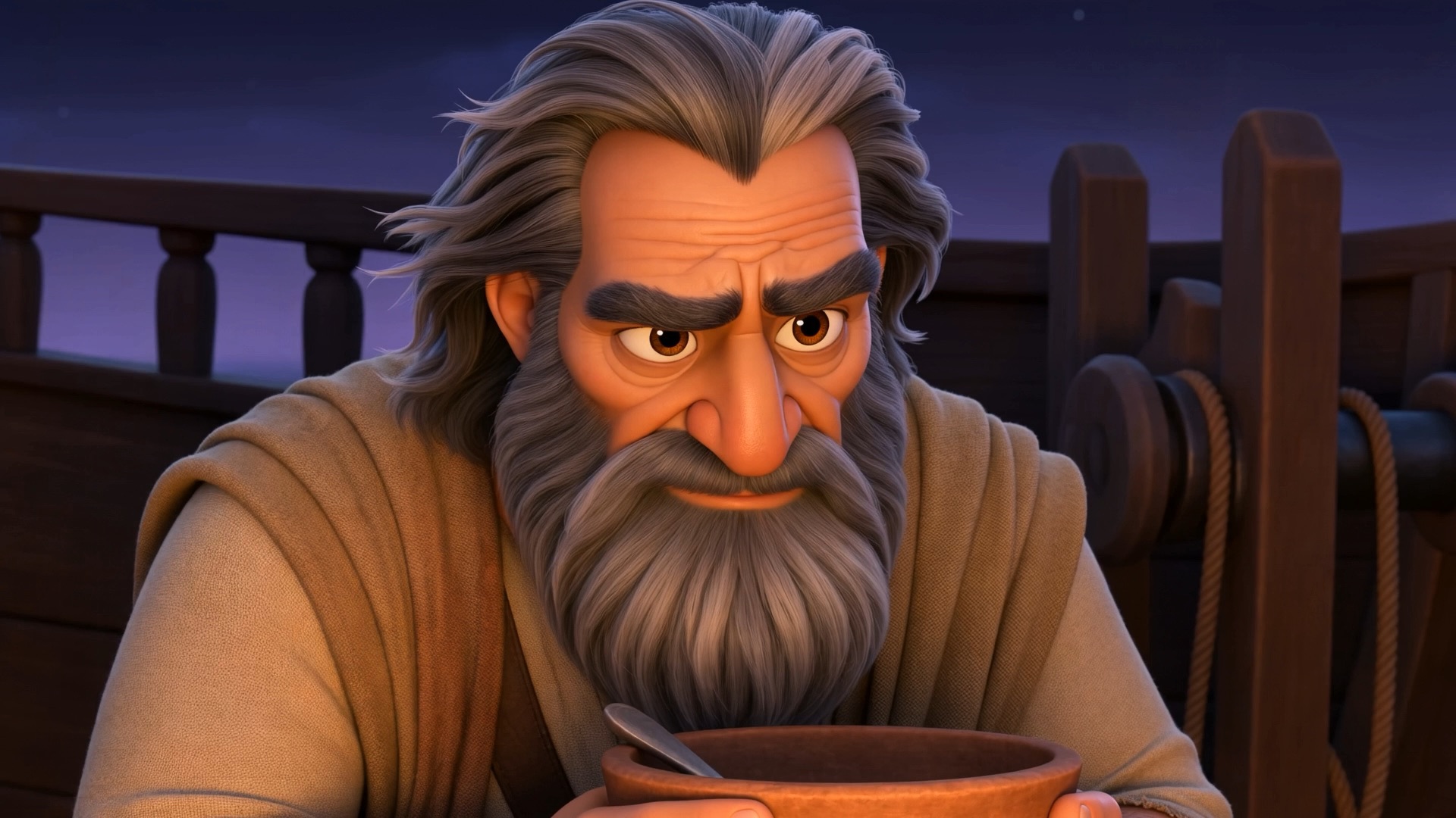 An old hand pauses over his bowl