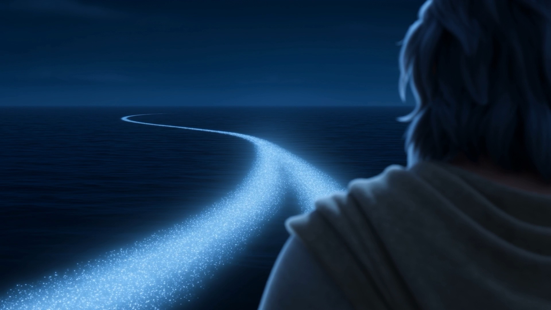 The ship's wake glows on the black water