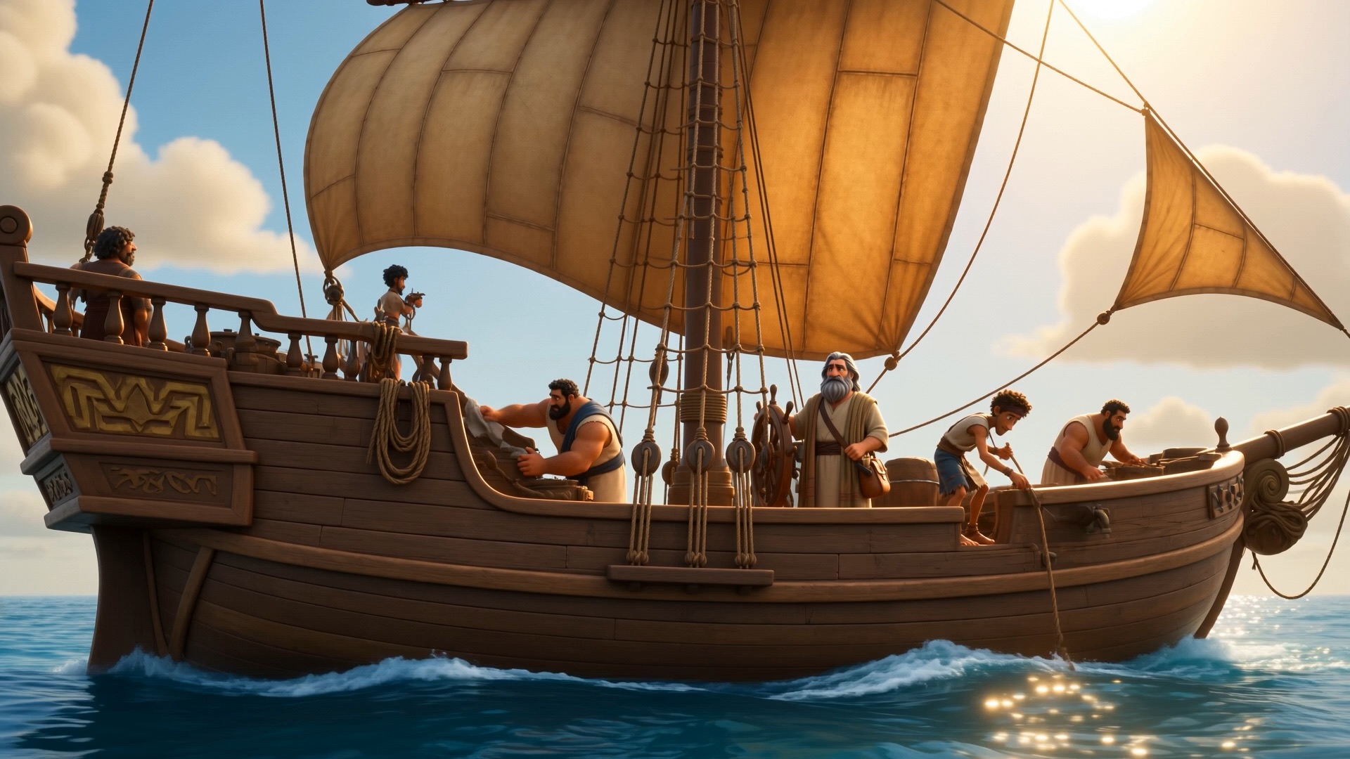 Morning — the ship rides an amber sea