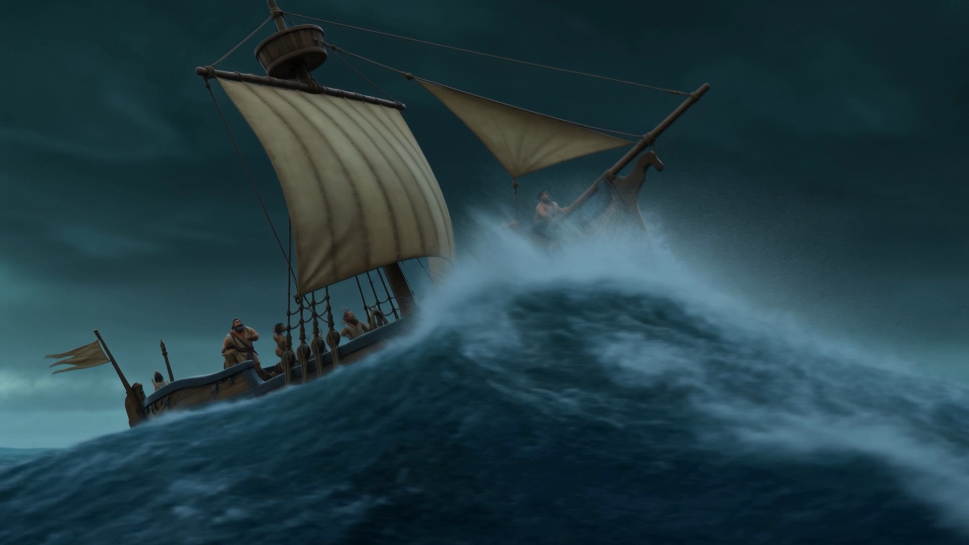 The ship climbs the first great swell