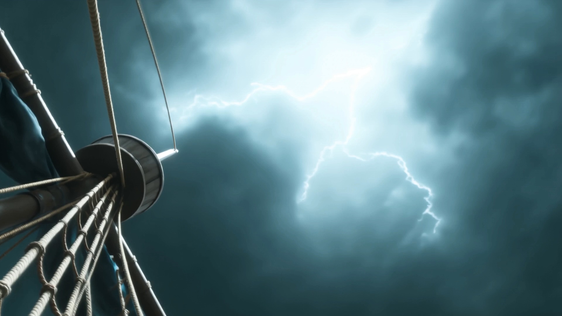 Lightning splits the sky above the rigging