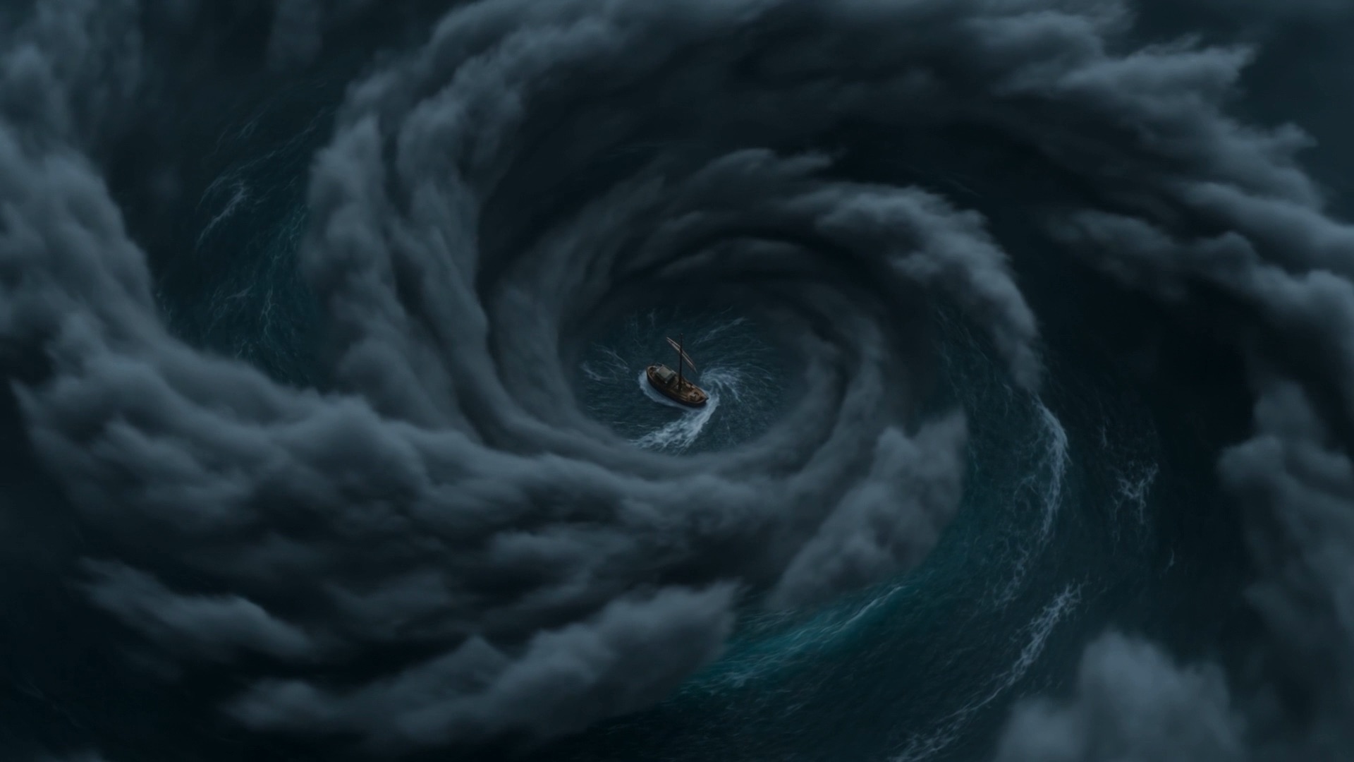 From above — a spiral of storm with one ship at its center