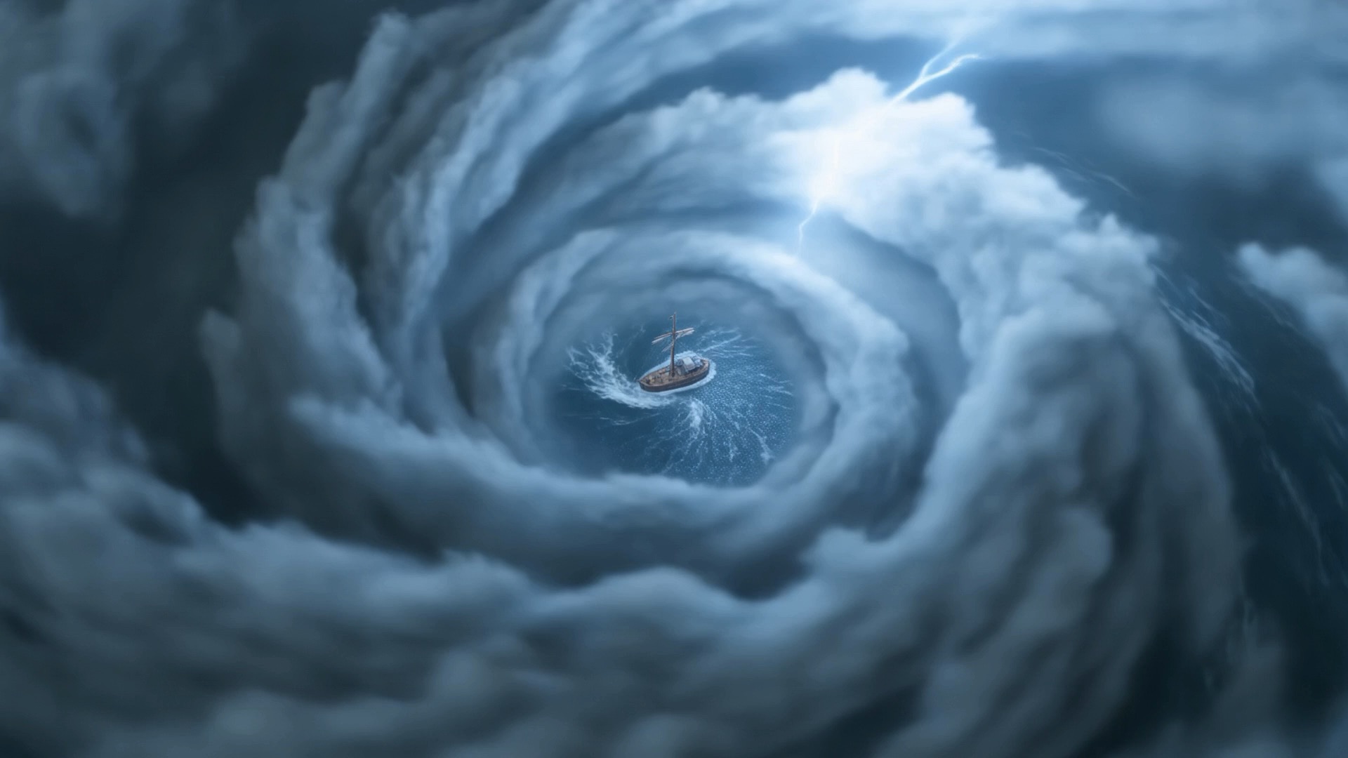 Lightning inside the spiral, the ship tiny below