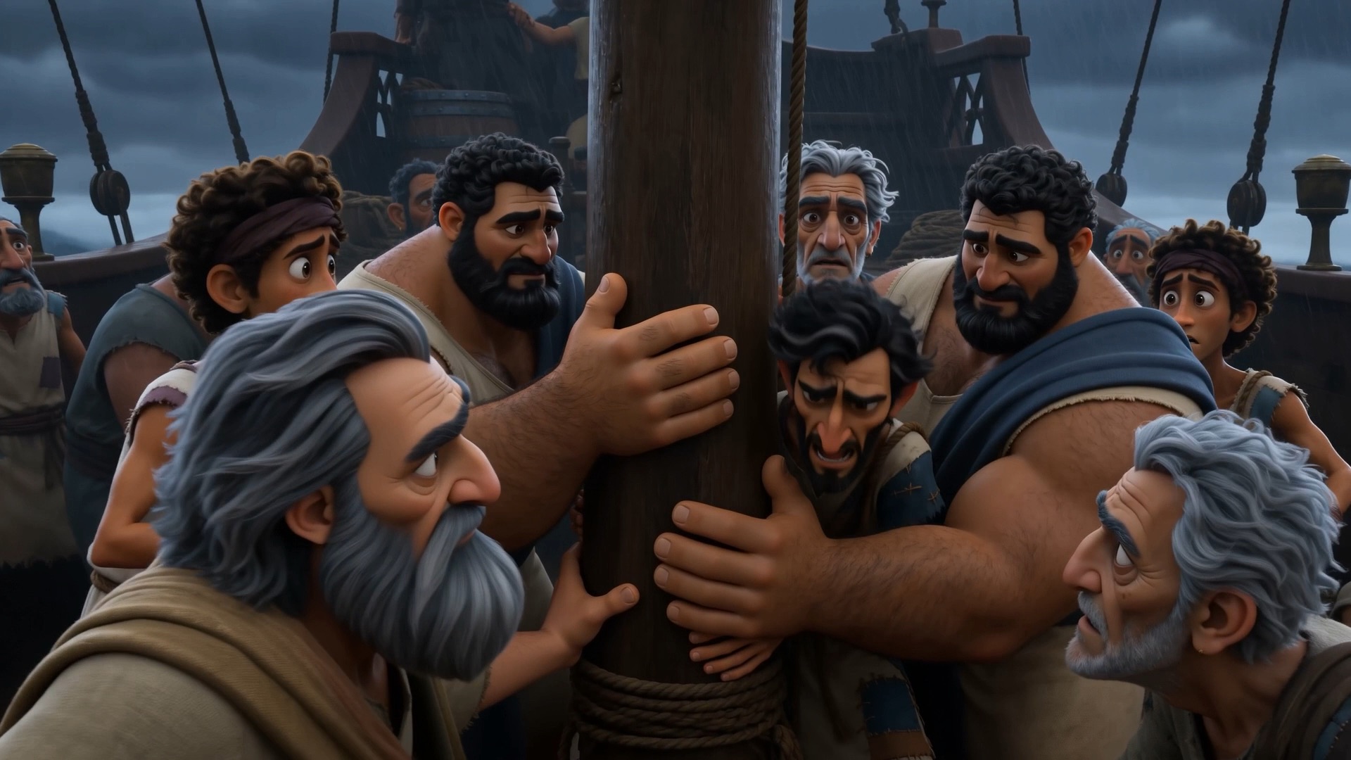 The whole crew clings to the mast