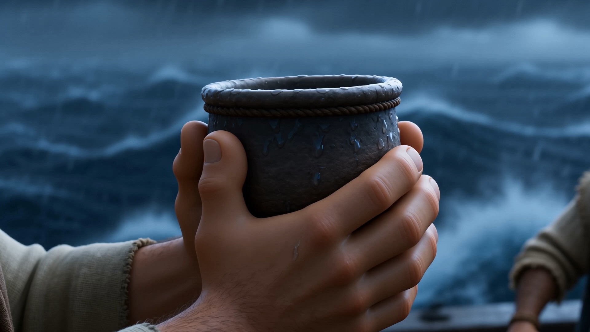 Two hands cradle the stone cup of lots