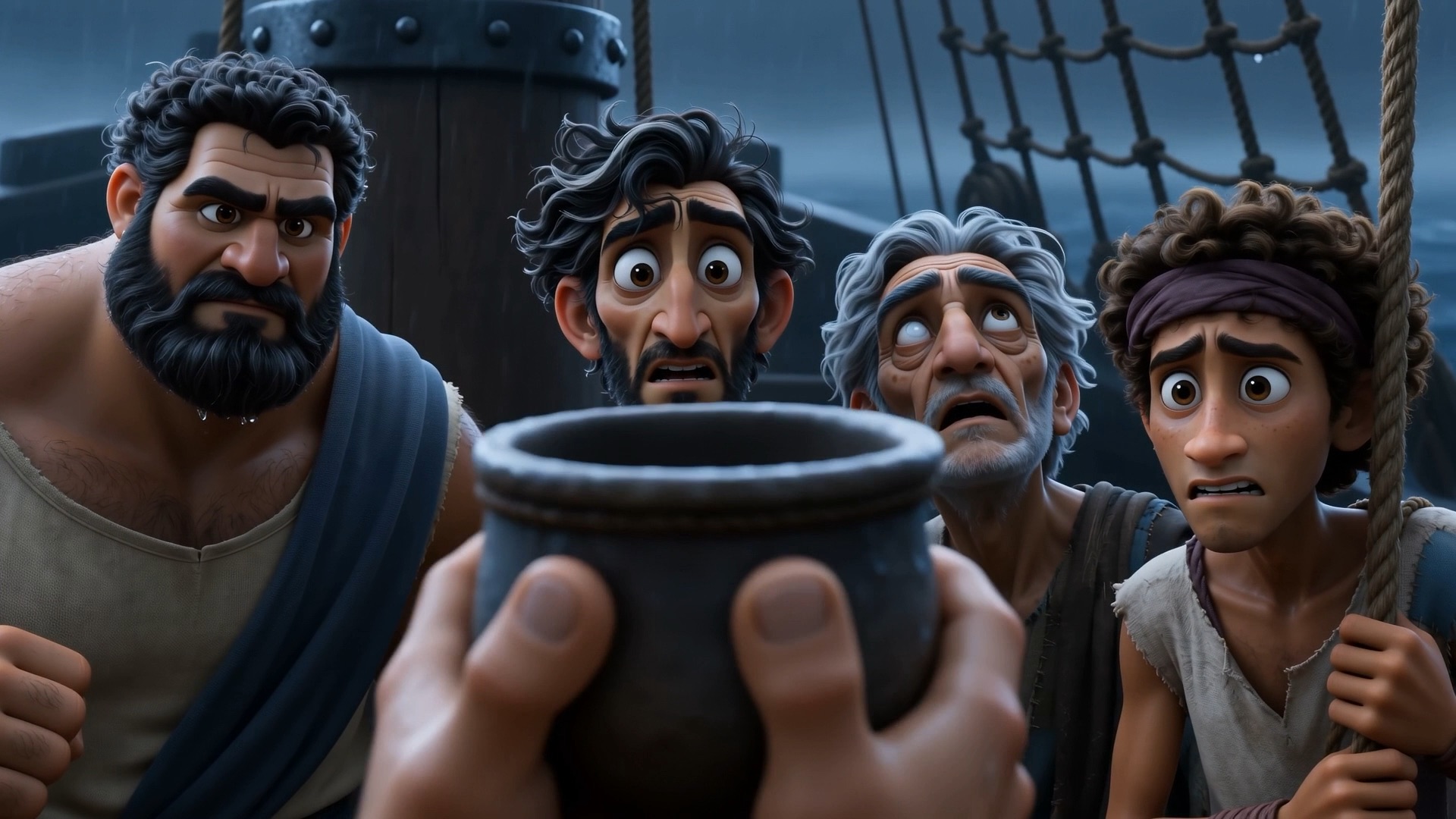 The crew stares at the cup