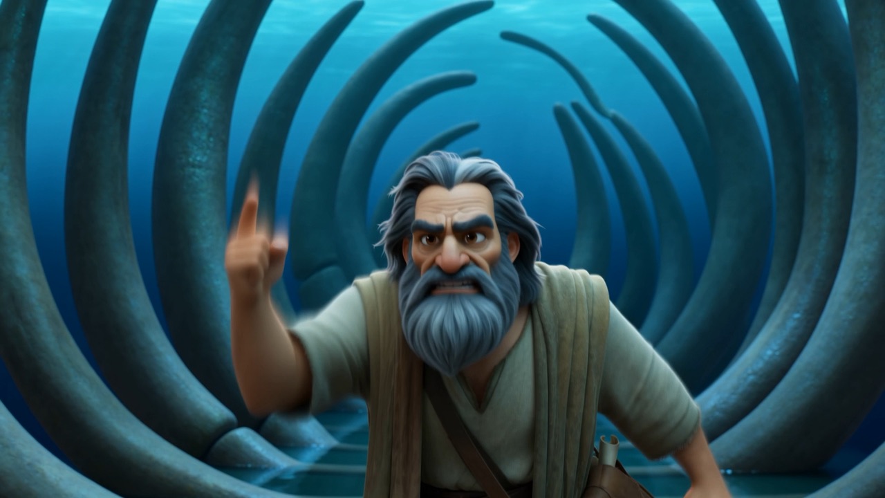 He gets up. He raises a finger