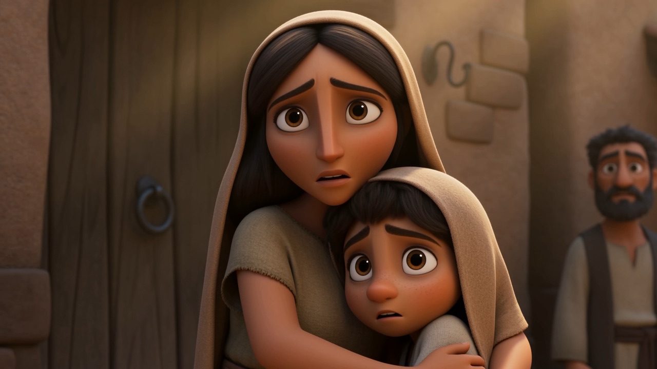 A mother holds on to her son