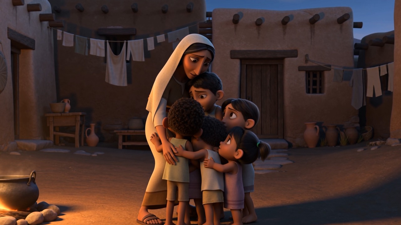 A woman gathering her children in
