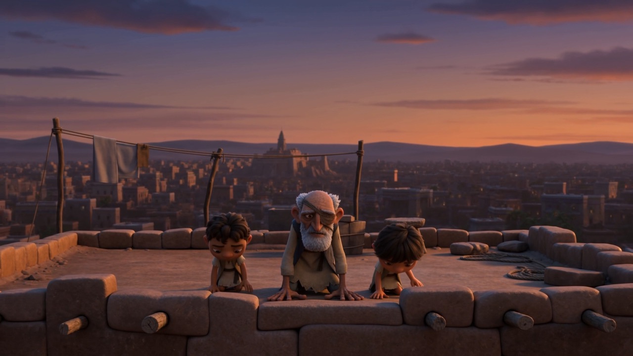 An old man and two children, on a roof at dawn