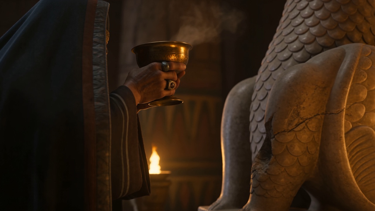 A gold cup, a ringed hand, a stone lion