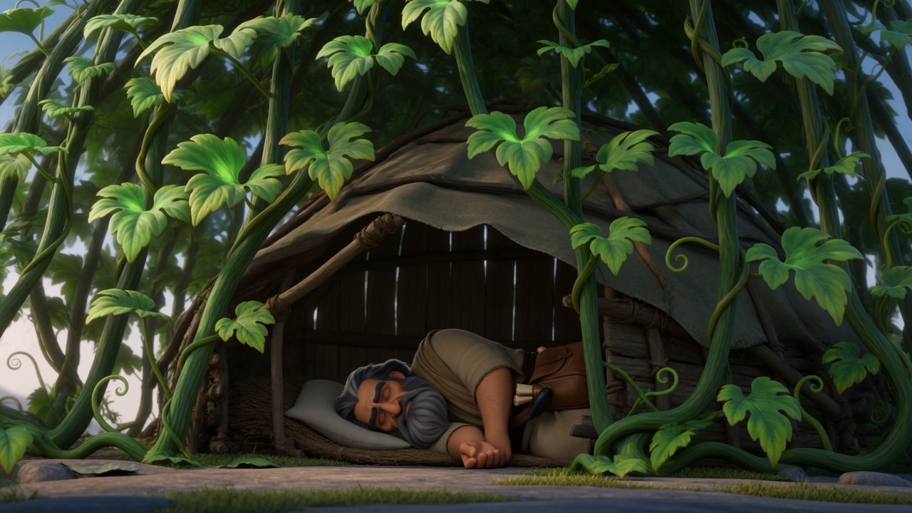 He builds himself a shelter and sleeps under it