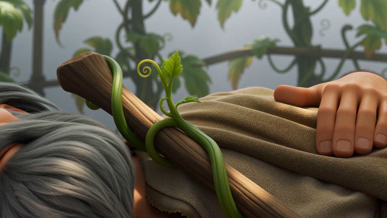 The tendril on his staff loosens first