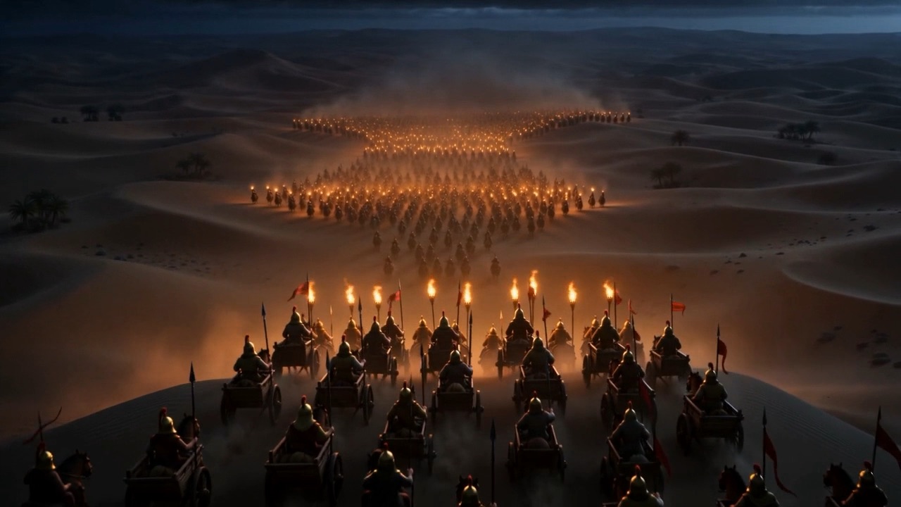Chariots massing on the dunes behind them