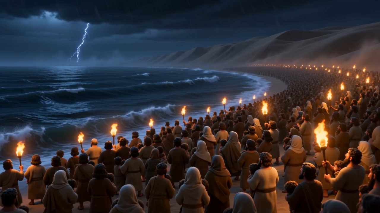 A crowd with torches pressed against a black shore at night