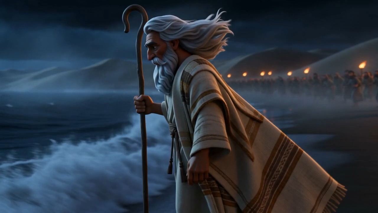An old man with a staff walks out ahead of everyone
