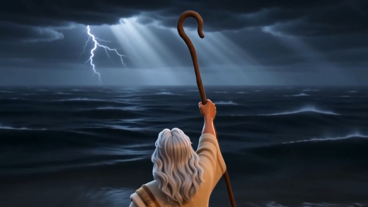 He raises the staff over the water