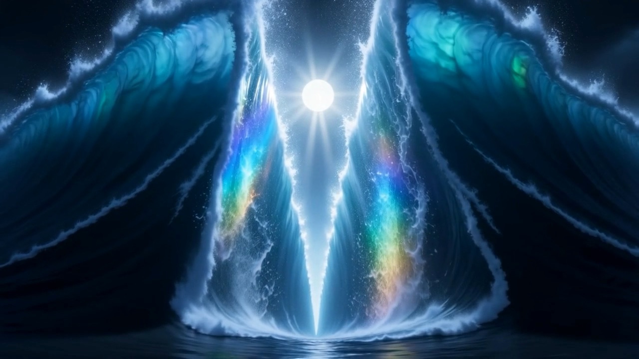 Two walls of water, colours running through them