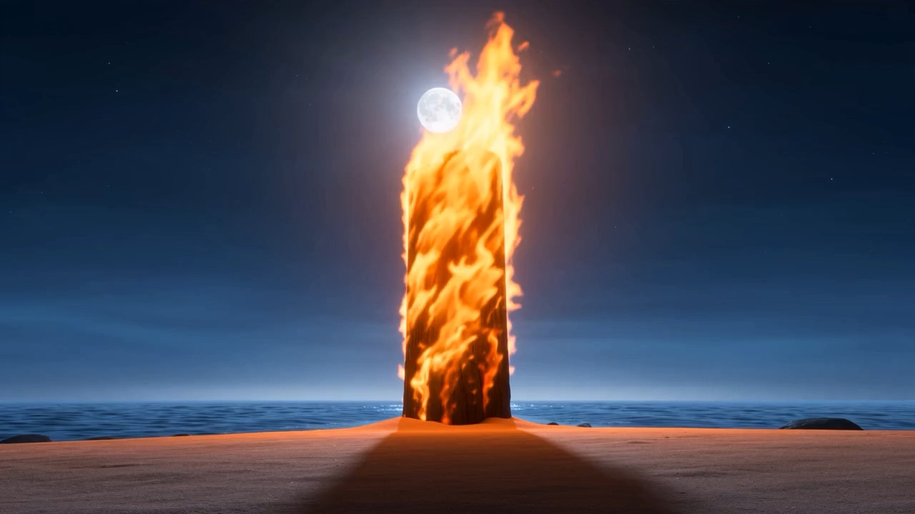 A pillar of fire standing on the shore
