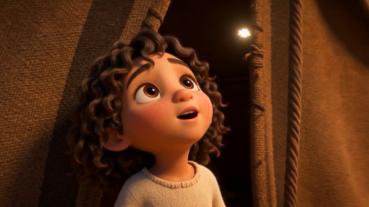 A small girl watches it from her tent door