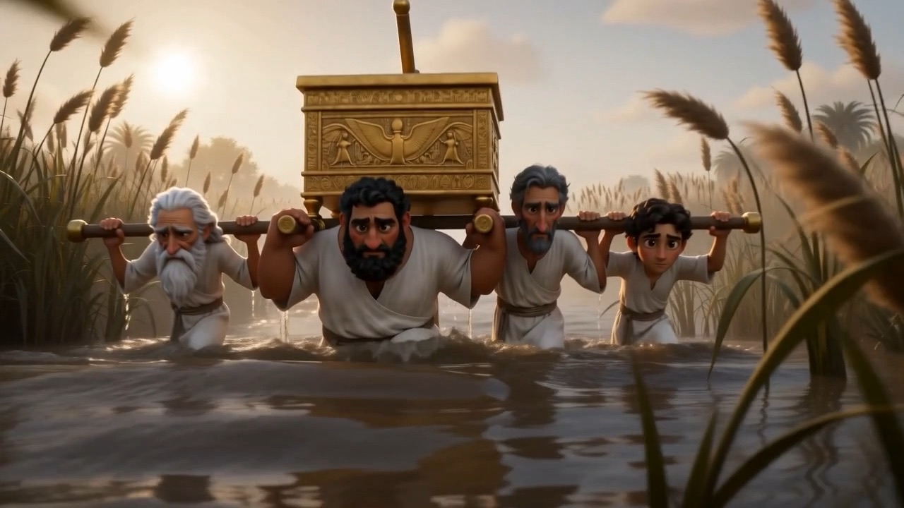 Priests carry a gold chest into a river