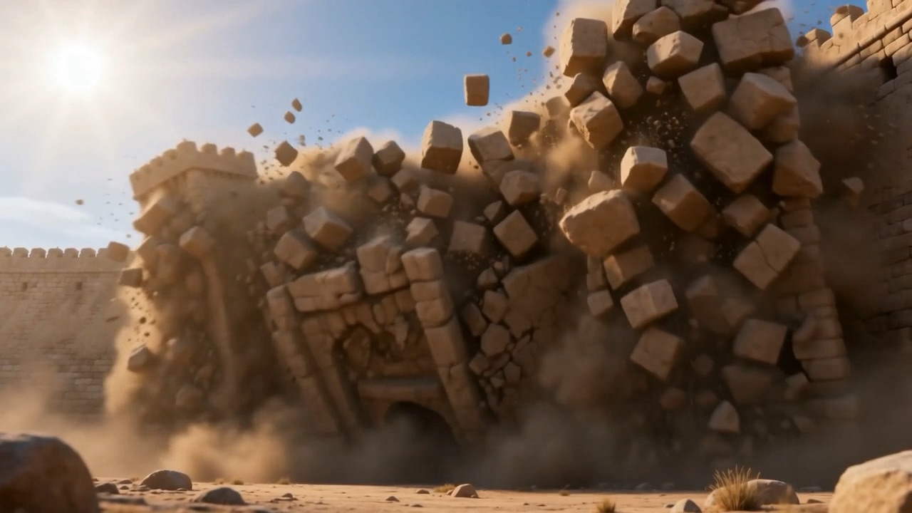 The wall comes down in a cloud of dust