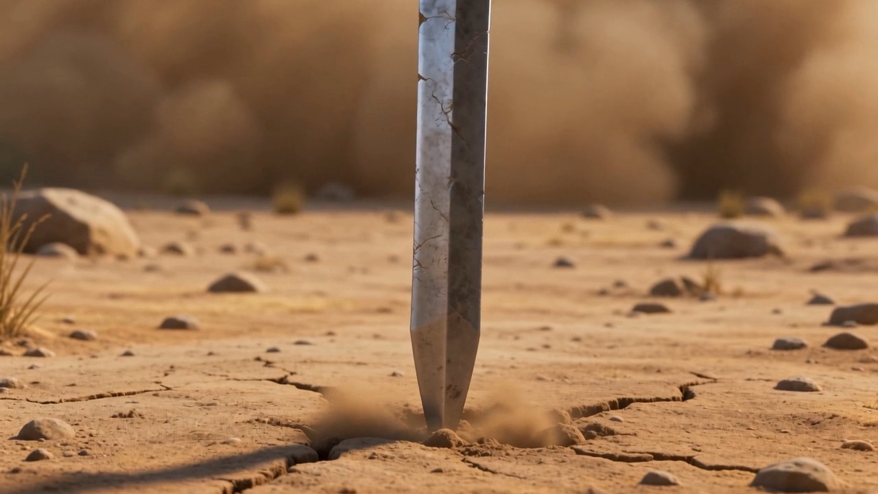 A sword standing upright in the dirt afterwards