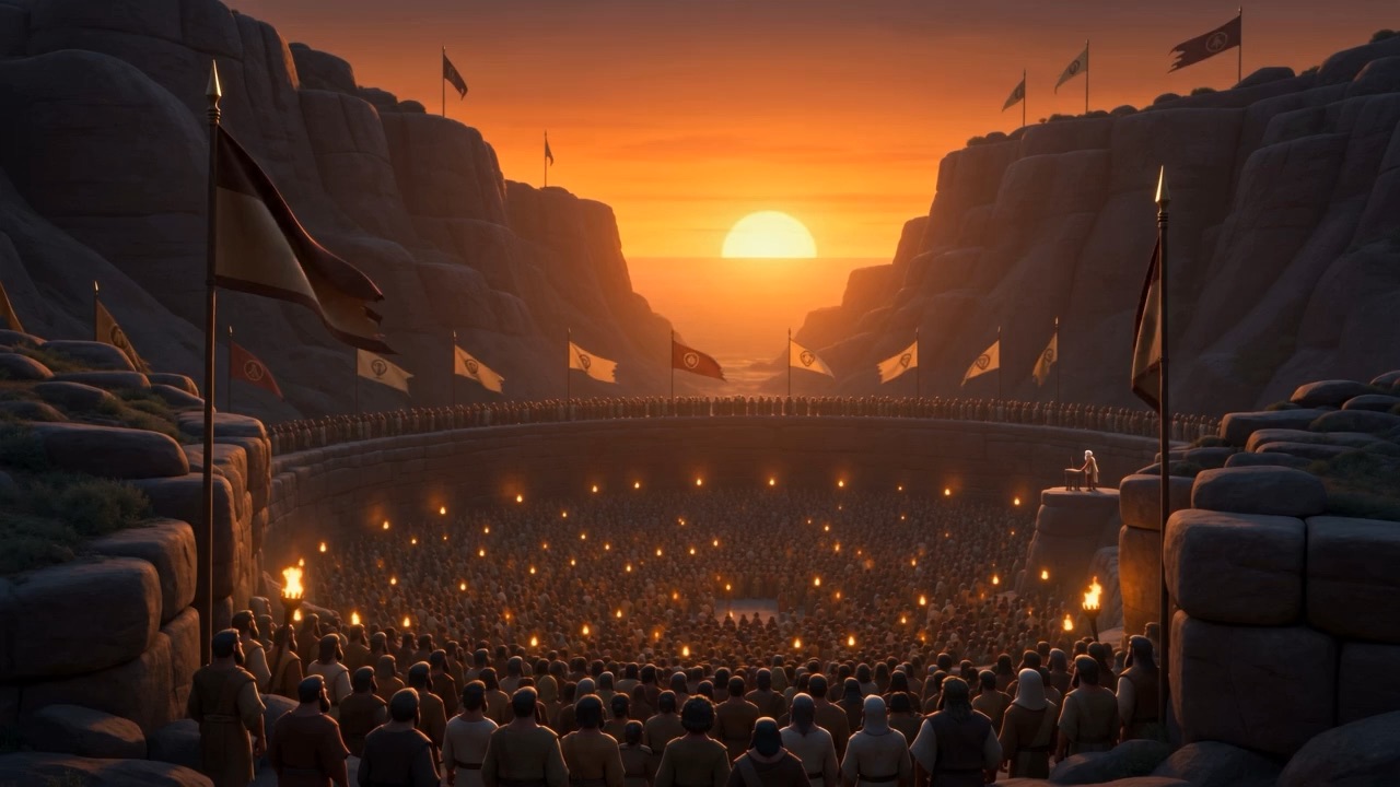A vast crowd with torches filling a natural bowl at sunset