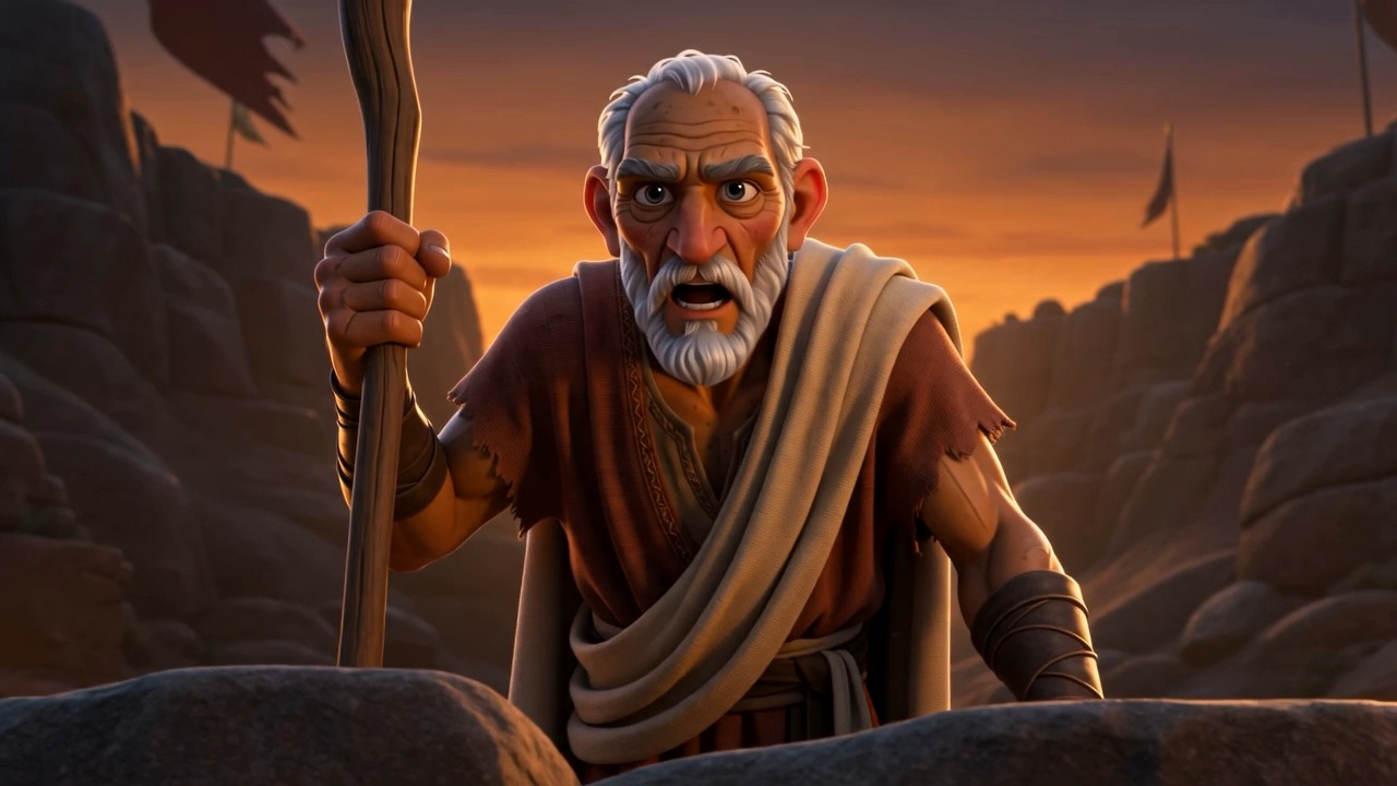 An old man with a staff stands above them