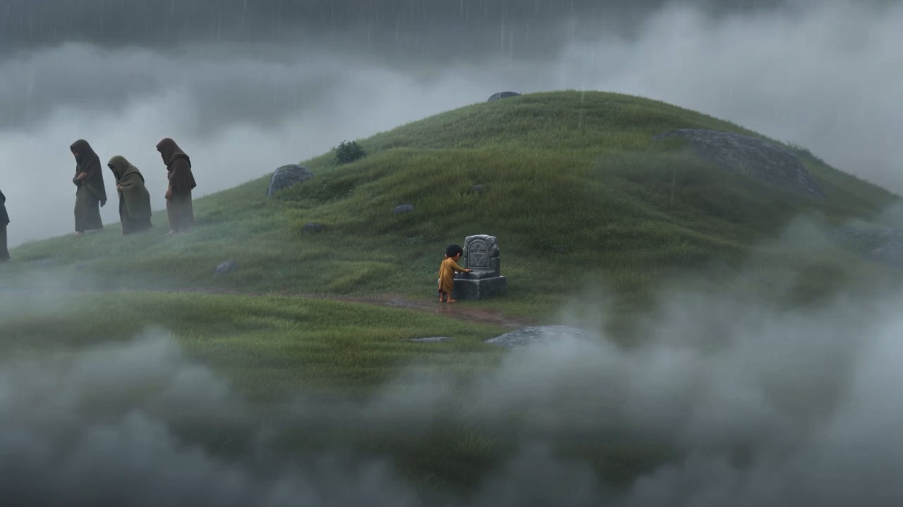 A green hill in the rain, a line of mourners walking away