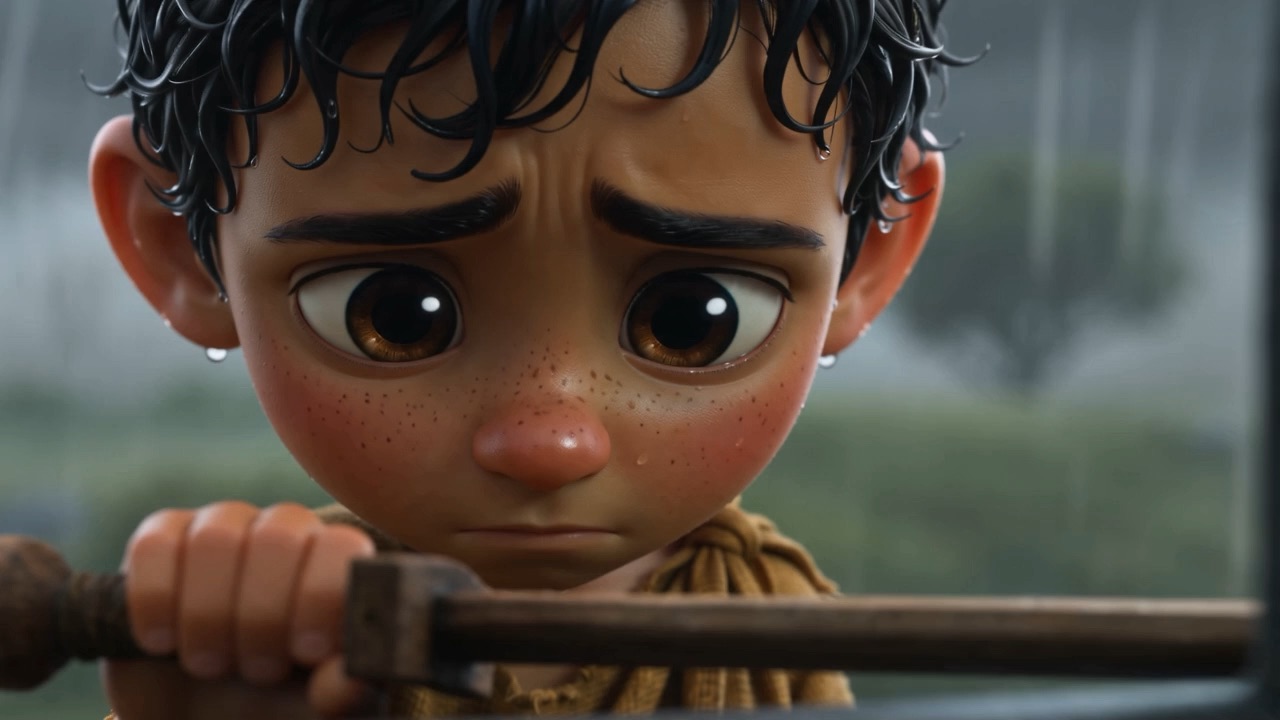 A boy holding a toy sword, crying