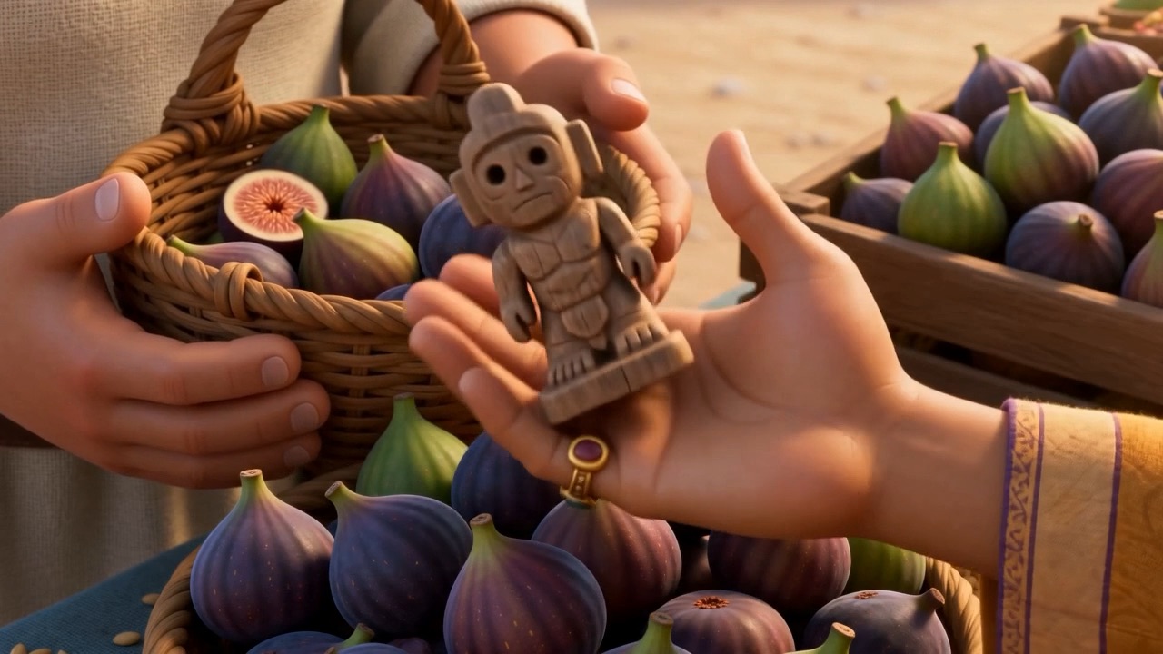 He tucks a small carved figure in among the fruit