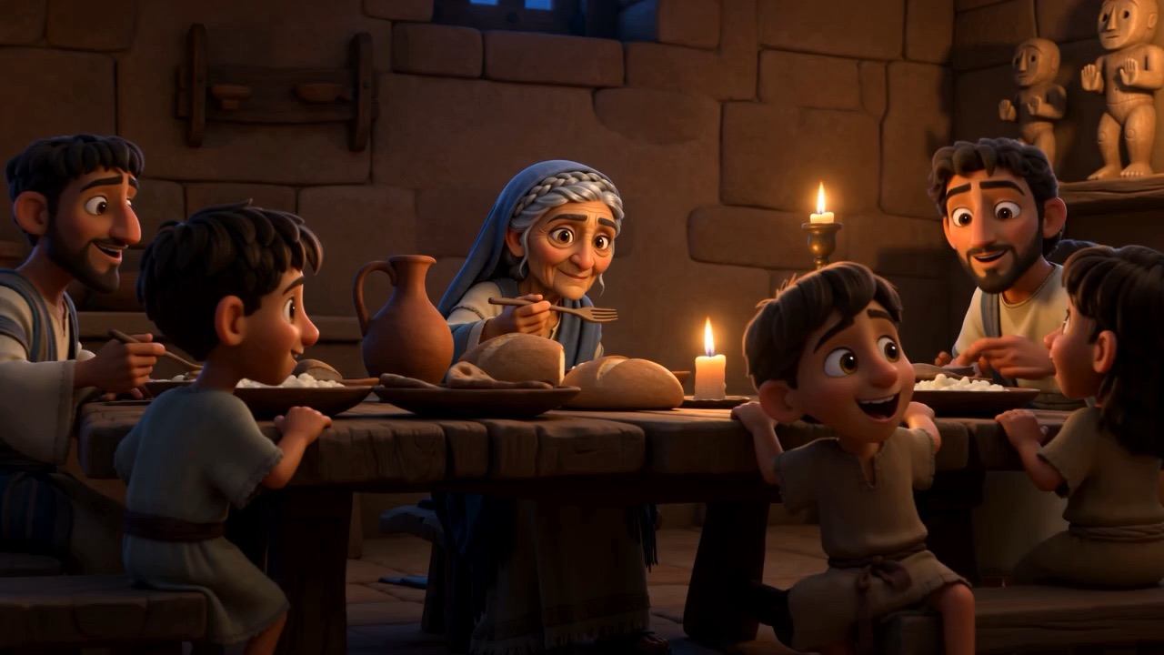 A family at supper by lamplight, everybody talking