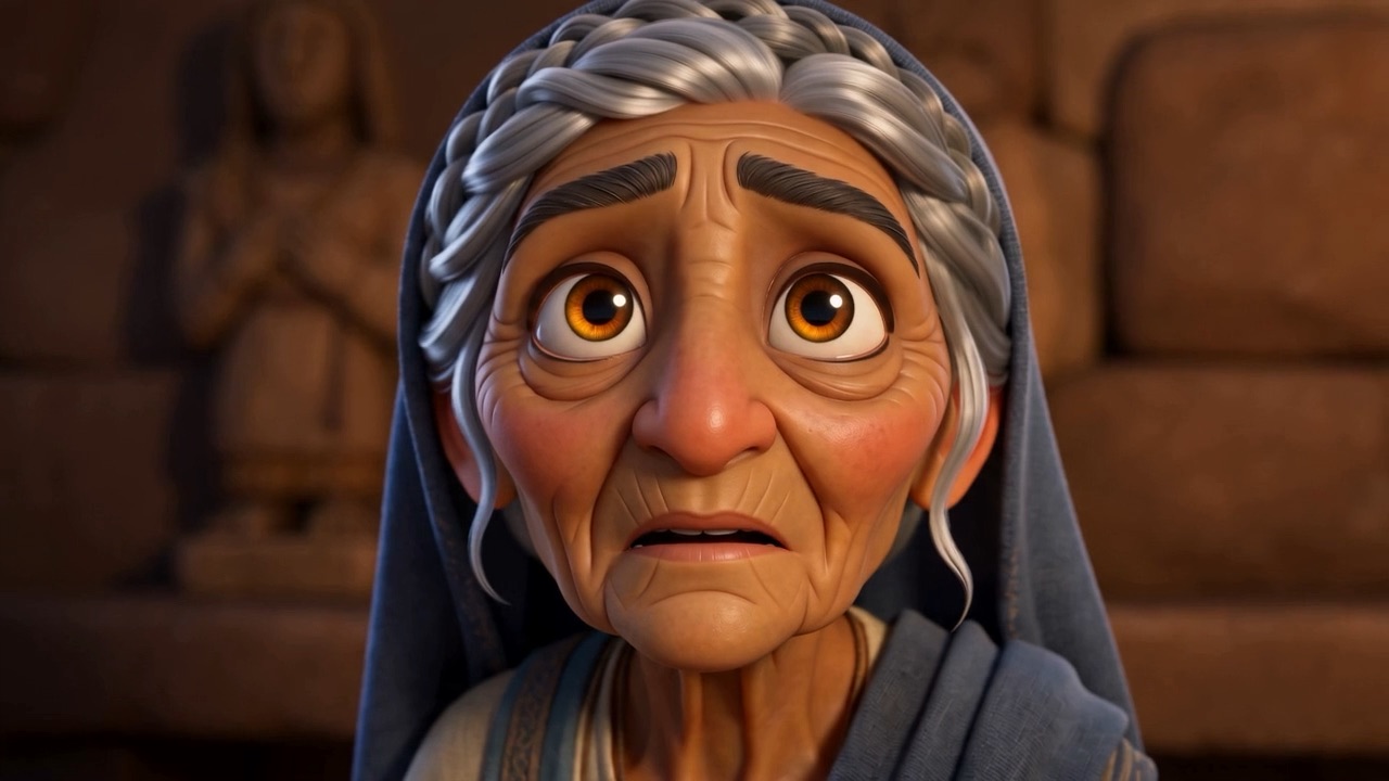 The grandmother looking at the shelf, not eating