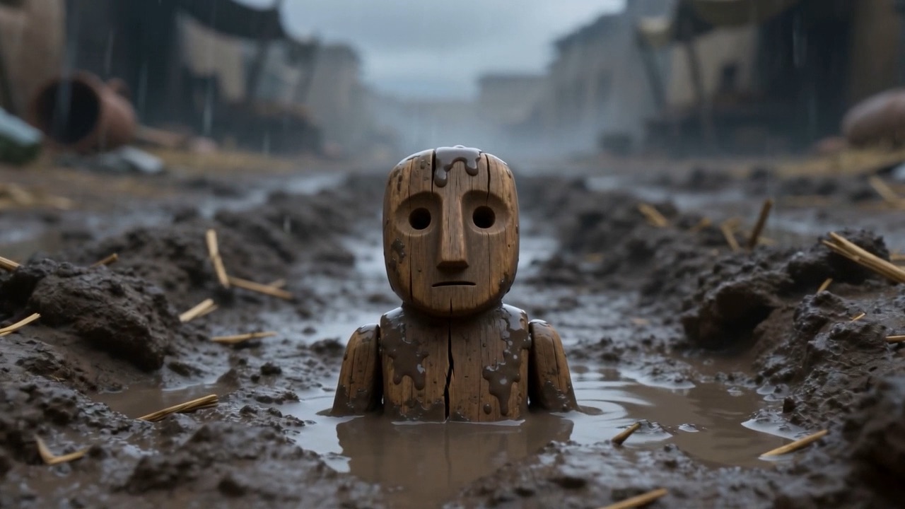 Its blank wooden face, rain hitting it