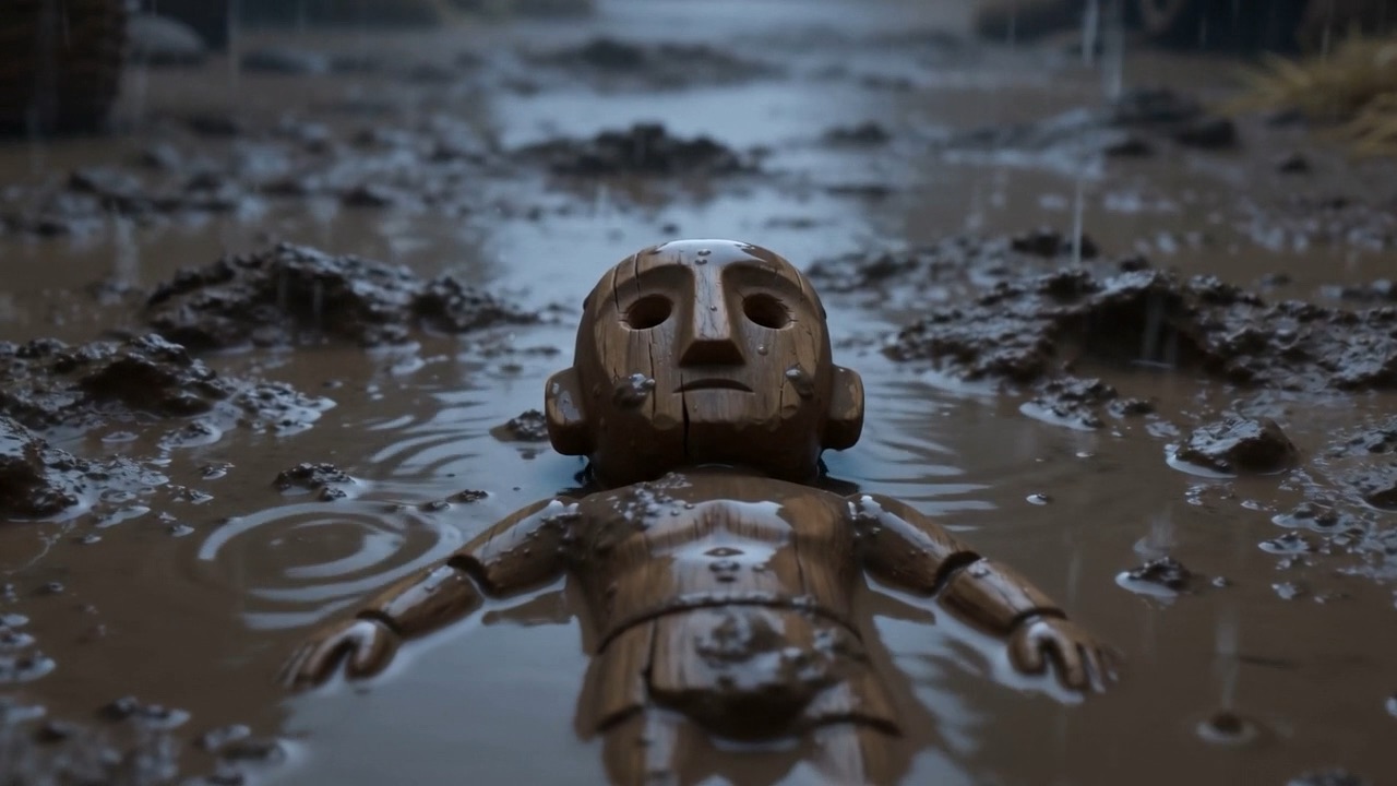 The carved figure, face up in the water