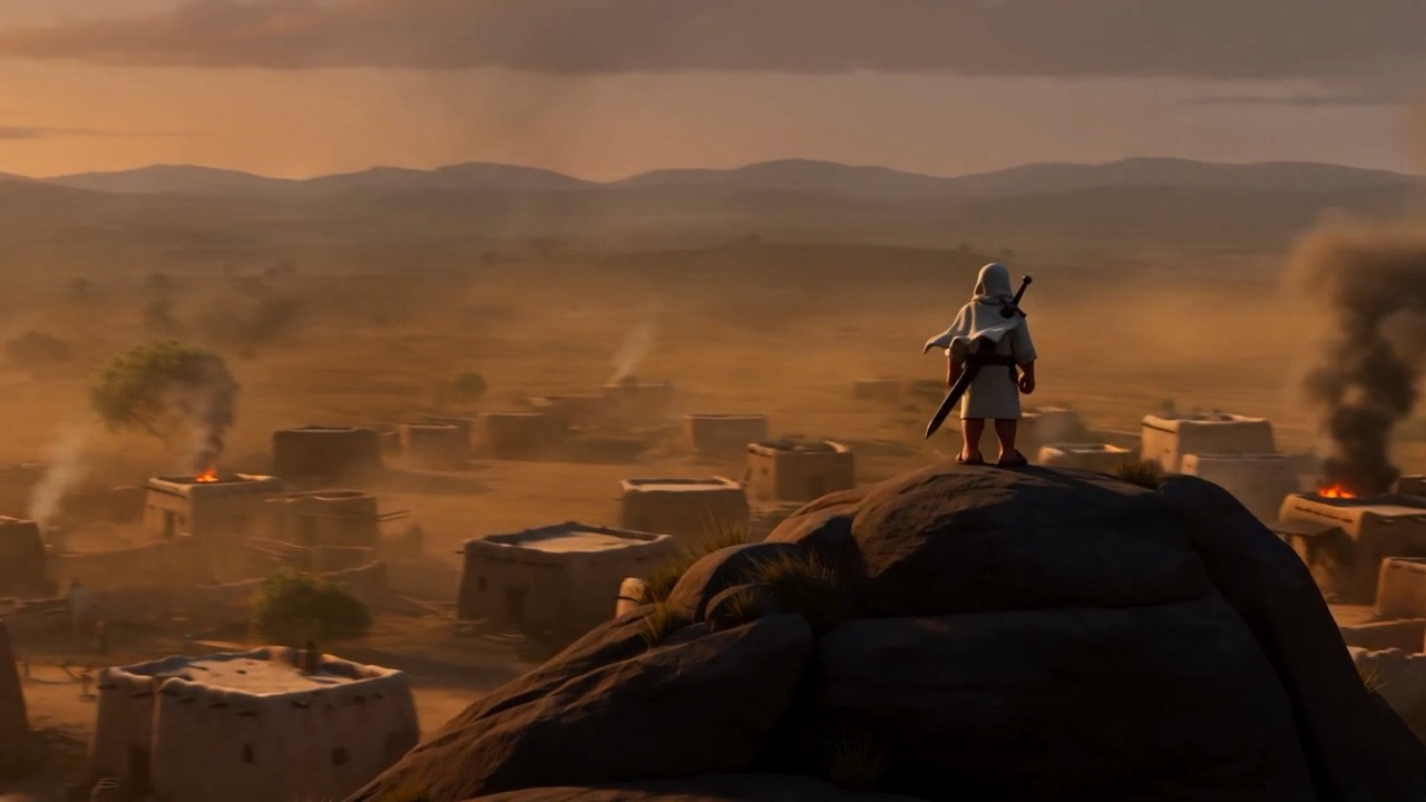 He looks down at the burnt village