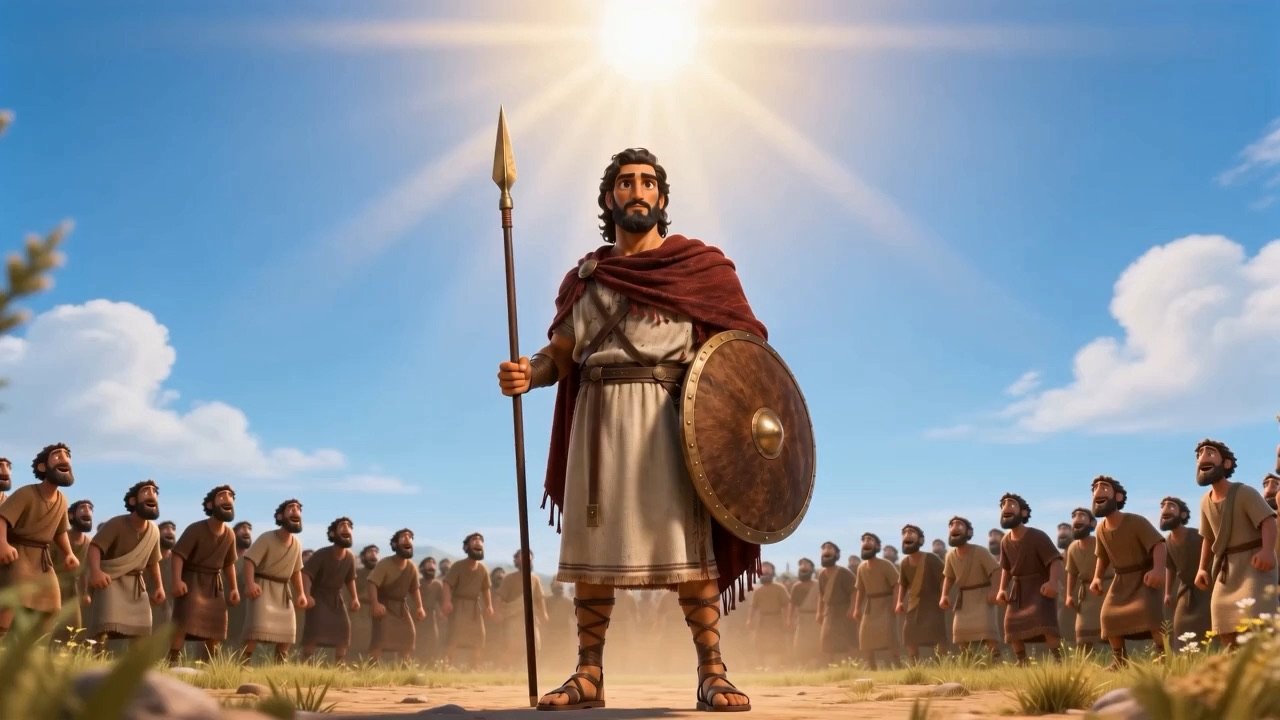 A man with a spear and shield stands before a crowd
