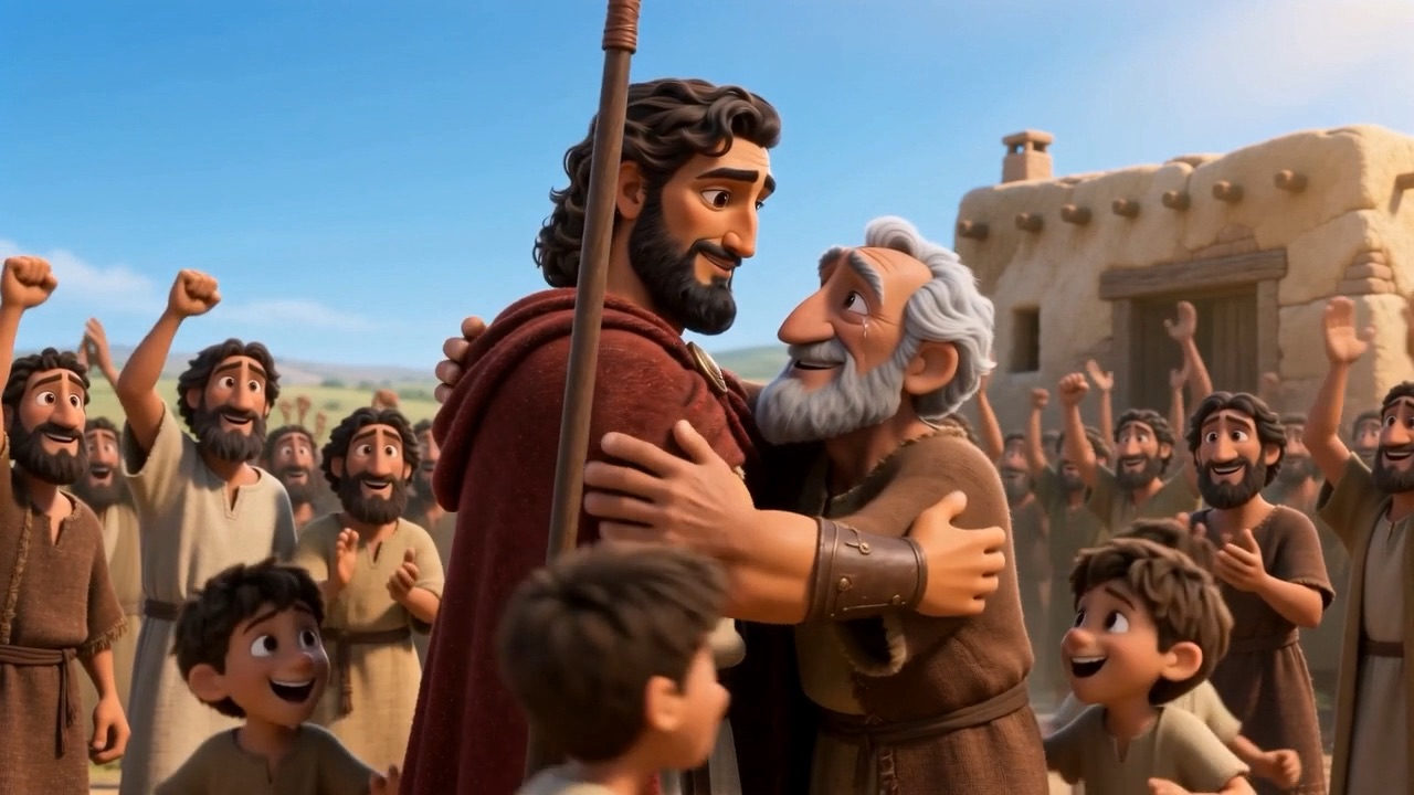 He grips an old man's shoulders, both of them laughing