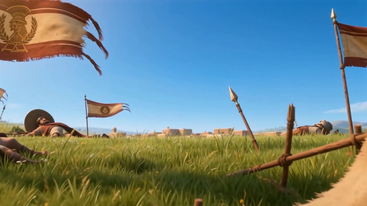 The enemy camp, abandoned, banners in the grass