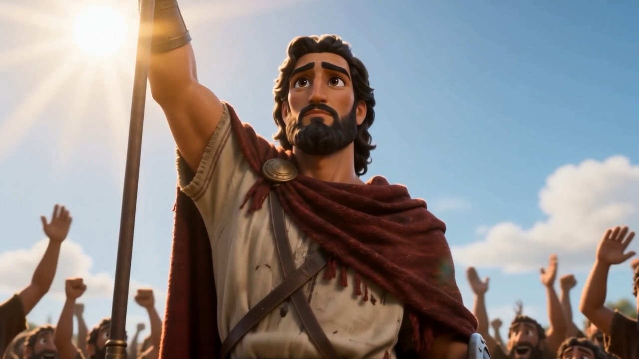He raises the spear and the sun catches it