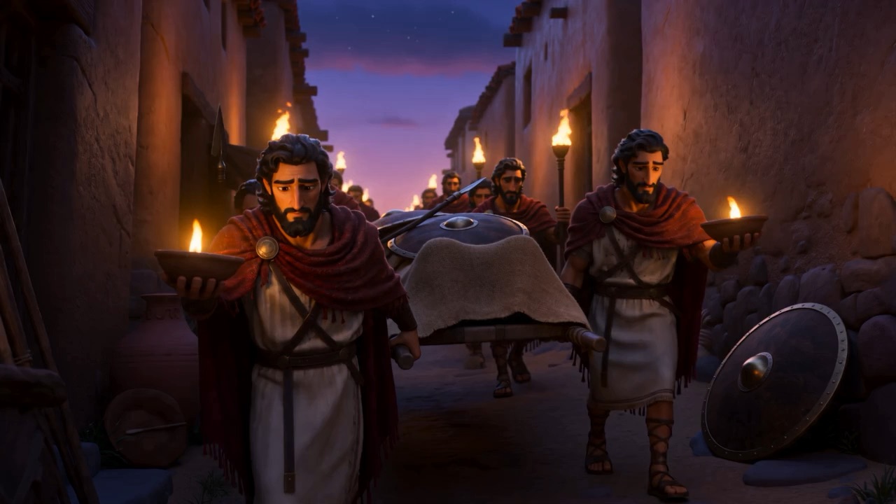 A funeral procession by torchlight in a narrow street