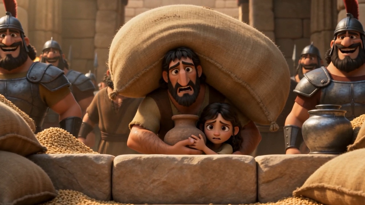 A father and daughter behind a wall of sacks