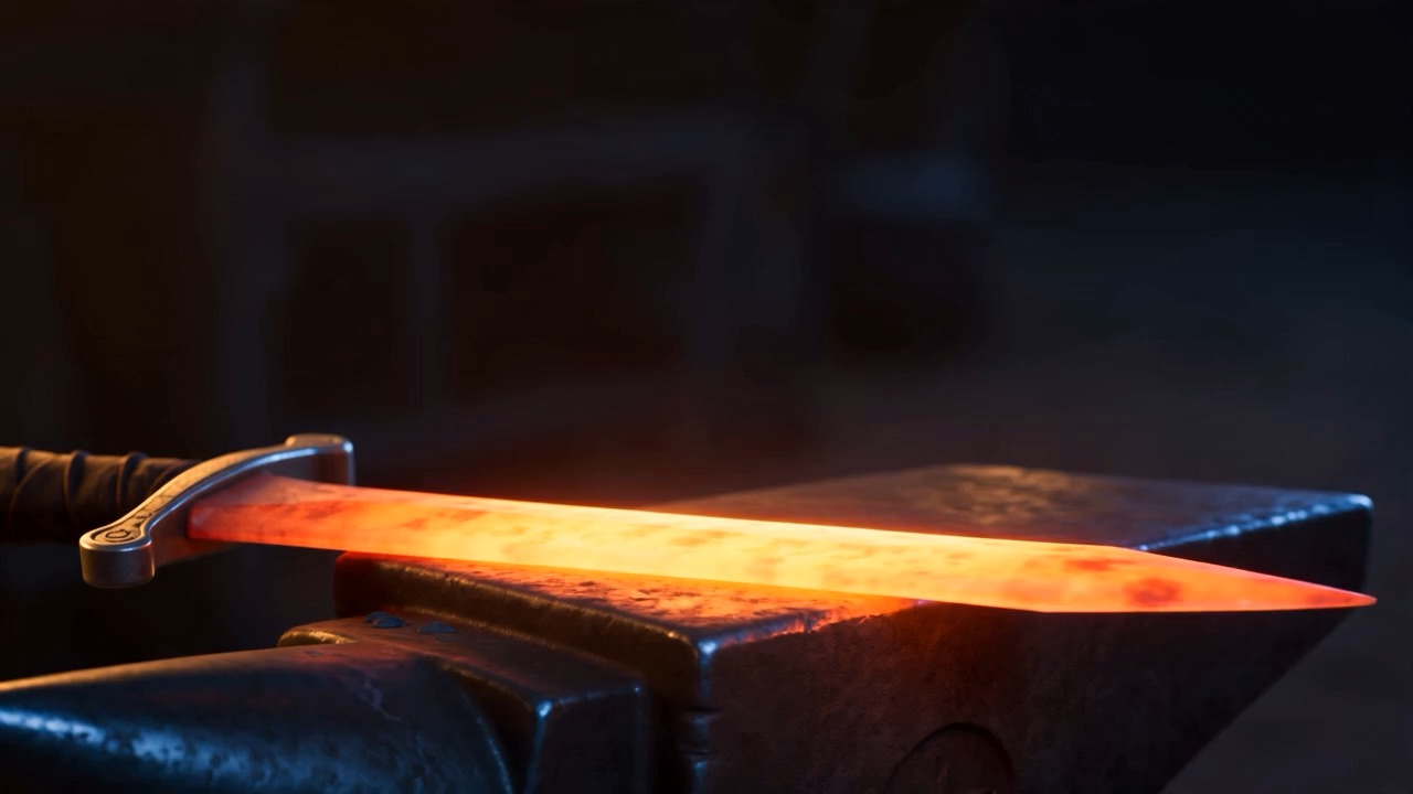 A blade glowing on an anvil