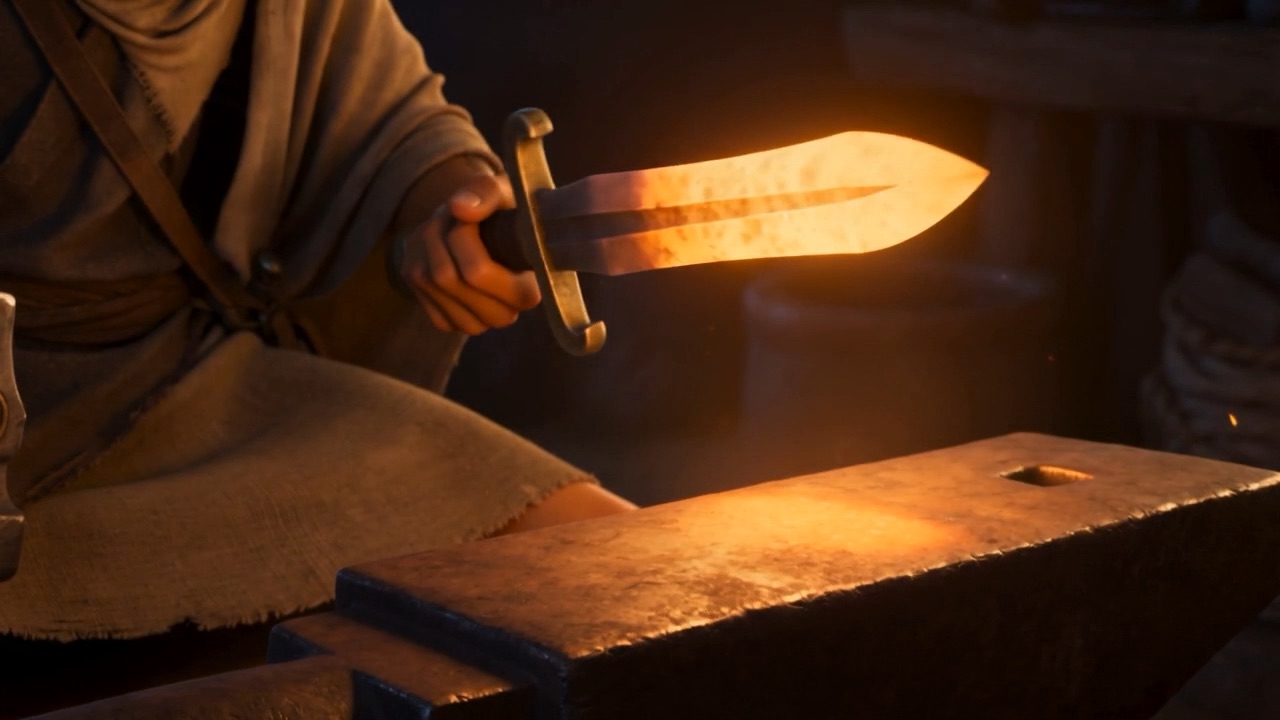 Hammer coming down on hot iron