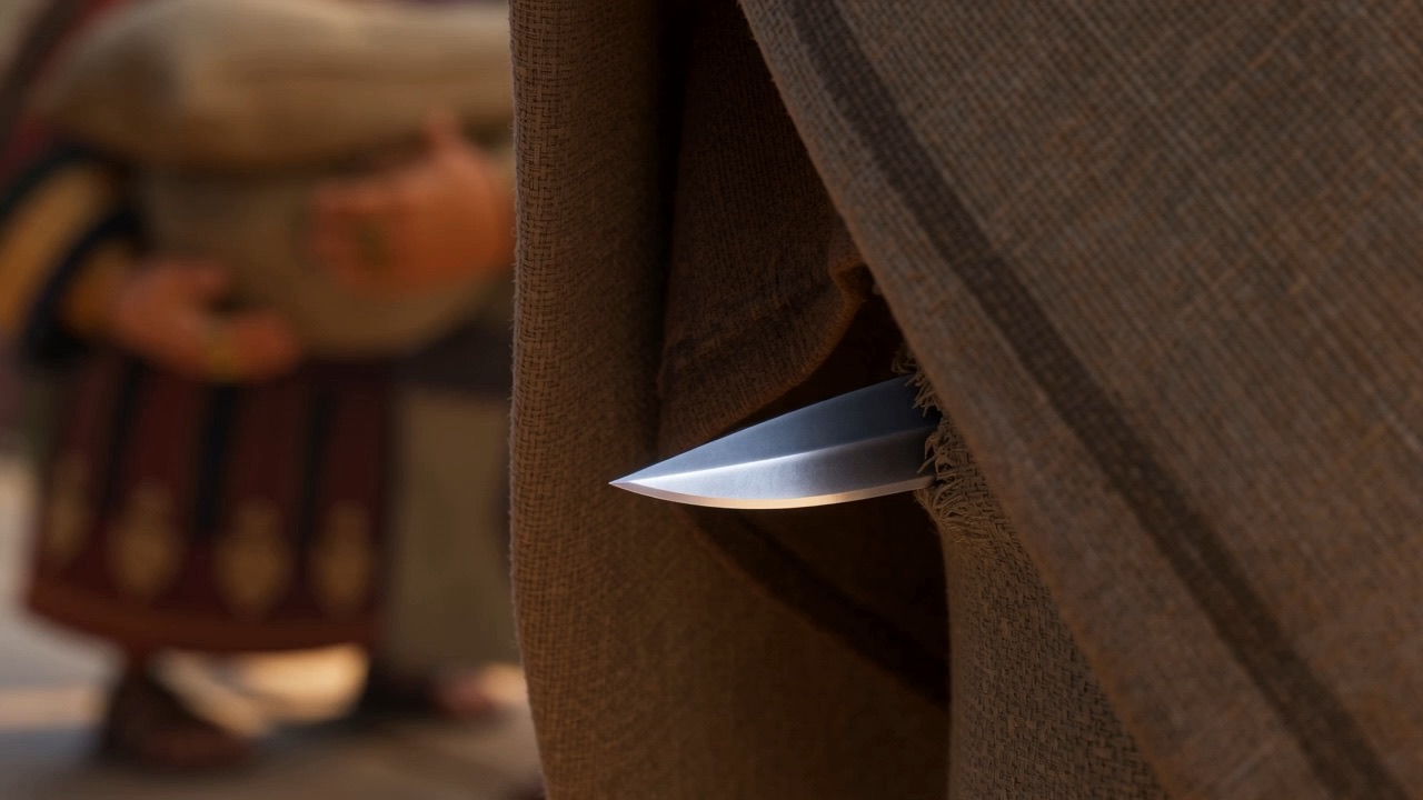A blade, hidden, moving past under a cloak