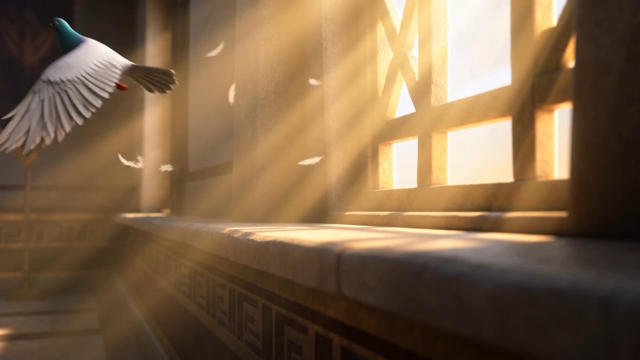 A window, sunlight, a feather drifting through it