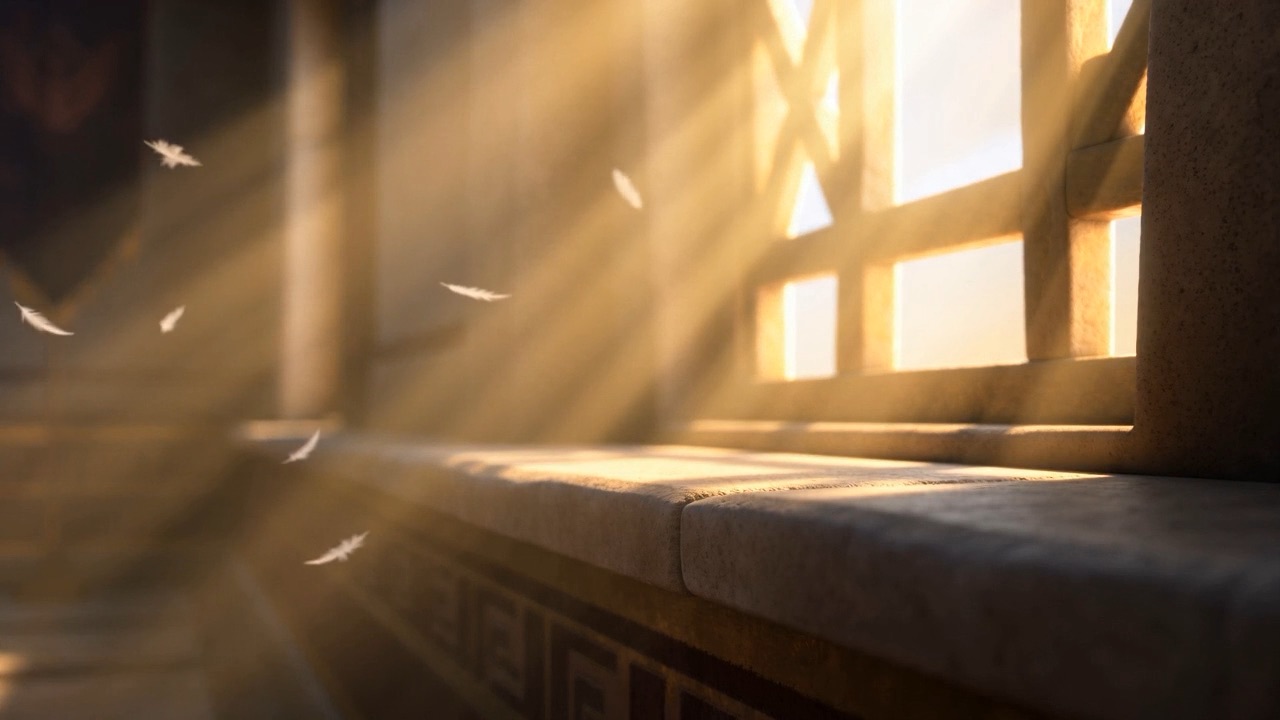 The feather settles on the sill